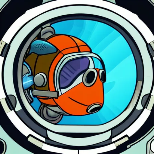 Image similar to a fish wearing a diving helmet inside the airlock of a space station, sci-fi illustration,