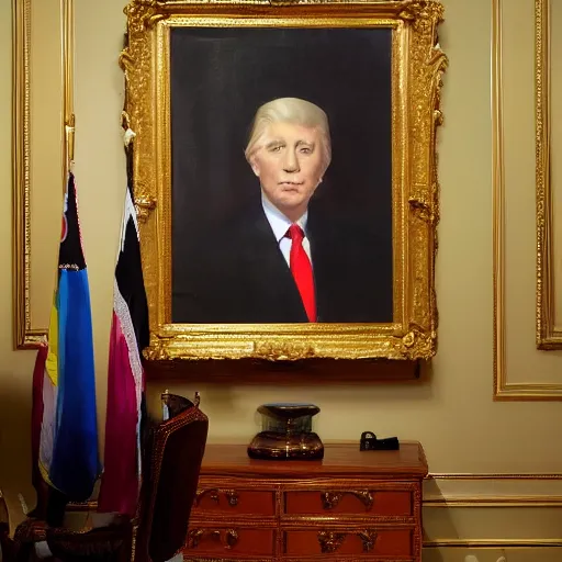 Image similar to president photo of Nicki Minaj real portrait, flag of Argentina behind, background out of focus, in the presidential room,