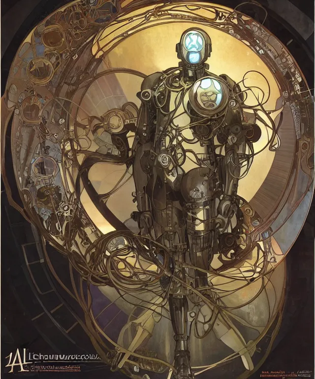 Prompt: realistic detailed portrait of a male! mecha cyberpunk! monk! by alphonse mucha and charlie bowater and art germ, rule of thirds, golden ratio, art nouveau! cyberpunk! style, mechanical accents!, mecha plate armor, glowing leds, flowing wires with leaves, art nouveau accents, art nouveau patterns and geometry, rich deep moody colors