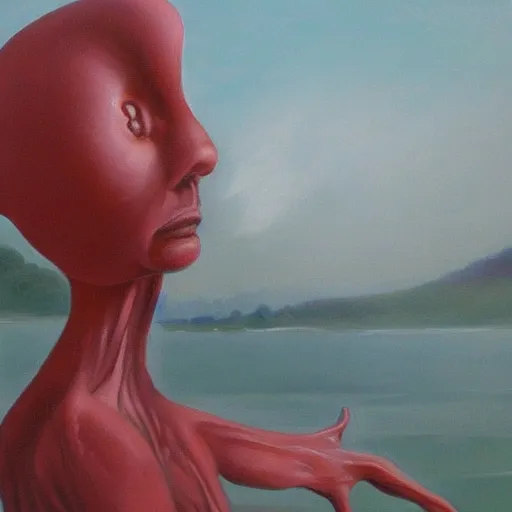 Prompt: a beautiful painting by the philosophers of rutland, urs lily fennard urs, hyperrealism A strange alien figure vanquished within a misty coastal city covered in misty Japanese blood that failed to come through