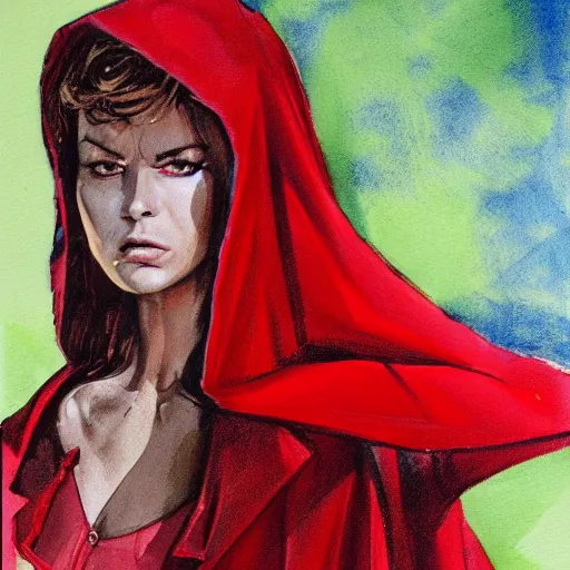 Image similar to photorealistic picture, by bob peak and alex ross and john romita jr, red riding hood lost in miami, gouache and wash paints, fine details, fine intricate, fine facial proportionate, fine body proportionate, fine fix broken line, fine fix duplicate line, smooth focus, sharp details, bokeh, 4 k, fine 5 k details