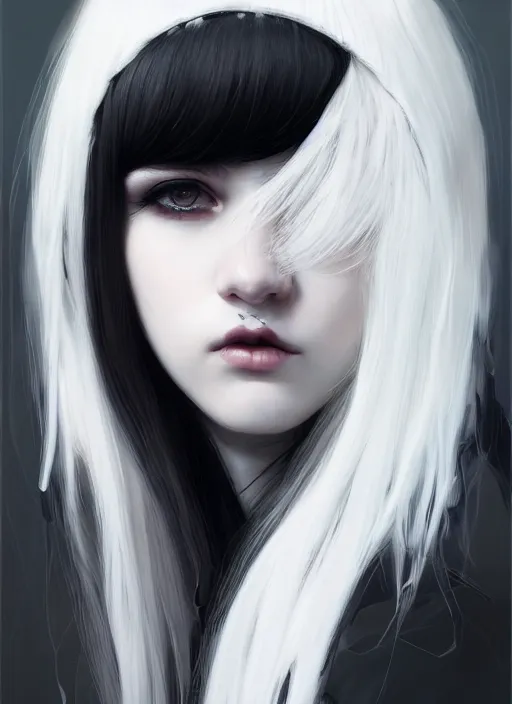 Image similar to portrait of white teenage girl, normal face, white bangs, mall goth, cyberlox, black and white hair, bangs, fluffy bangs, intricate, elegant, highly detailed, digital painting, artstation, concept art, sharp focus, smooth, illustration, art by wlop, mars ravelo and greg rutkowski