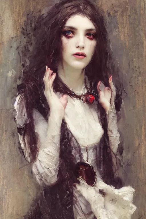 Image similar to Richard Schmid and Jeremy Lipking full length portrait painting of a young beautiful victorian steampunk vampire Priestess woman