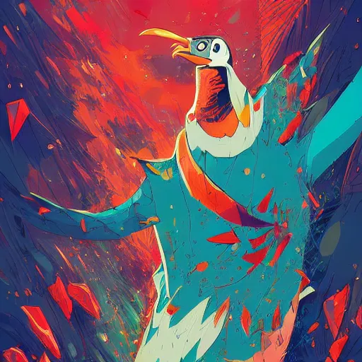 Prompt: anthropomorphic evil penguin with human characteristics, digital art, fantasy, explosion of color, highly detailed, in the style of jake parker, in the style of conrad roset, swirly vibrant colors, sharp focus - c 1 5. 0