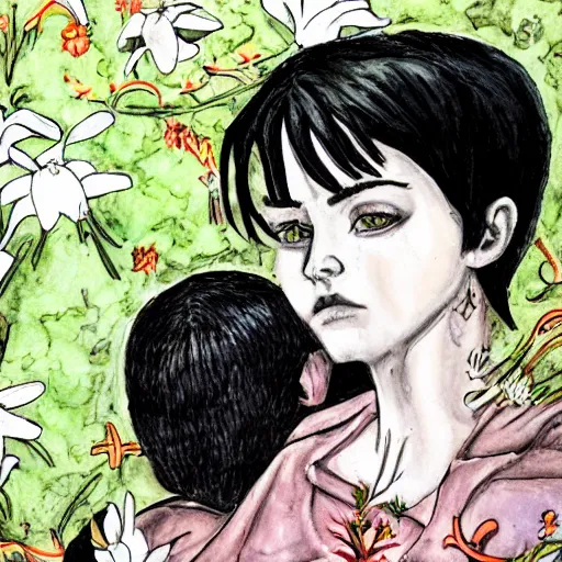 Prompt: stoic heroic emotionless blond butch tomboy woman holding hands with taller goth black - haired dark fae jennifer connelly, in love, romantic in romantic garden, mike mignogna, illustration, pen and ink, oil painting