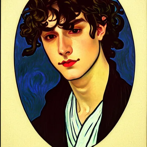 Image similar to painting of young cute handsome beautiful dark medium wavy hair man in his 2 0 s named shadow taehyung at the halloween pumpkin jack o'lantern party, depressed, melancholy, autumn colors, japan, elegant, clear, painting, stylized, delicate, soft facial features, delicate facial features, soft art, art by alphonse mucha, vincent van gogh, egon schiele