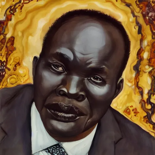 Prompt: a painting of a fatherly wide forehead, round face, XXL , loving, caring, generous, ever-present, humble, wise elder from Kenya in a suit by Wangechi Mutu . Fatherly/daddy, focused, loving, leader, relaxed,. ethereal lights, details, smooth, sharp focus, illustration, realistic, cinematic, artstation, award winning, rgb , unreal engine, octane render, cinematic light, macro, depth of field, blur, red light and clouds from the back, highly detailed epic cinematic concept art CG render made in Maya, Blender and Photoshop, octane render, excellent composition, dynamic dramatic cinematic lighting, aesthetic, very inspirational, arthouse.