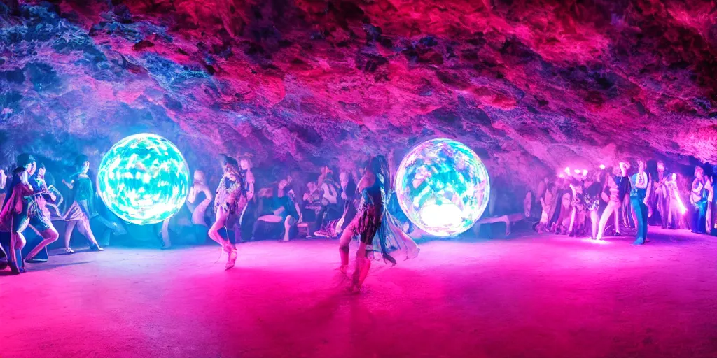 Image similar to cinematic shot of a goth disco nightclub in a cave, (((sphere of holographic knives))) made of pink lasers and blue crystals, goth people dancing, 8k photograph