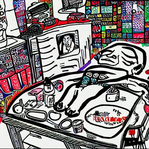 Image similar to chinese surgery operating table, in the style of daniel johnston and outsider art, 8k, line brush, overlaid with chinese adverts