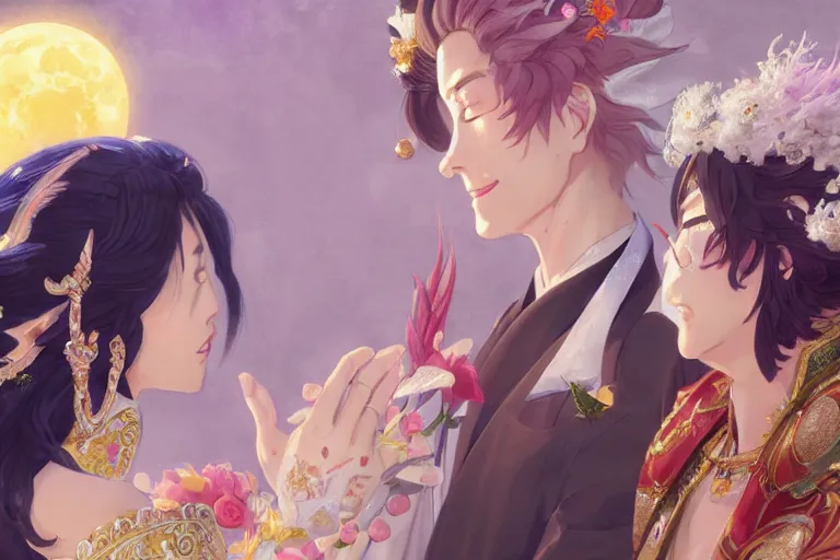 Image similar to close up moment of a divine a japan sun god and a moon goddess lovers magician at a wedding banquet, highly detailed, d & d, fantasy, 4 k realistic, digital painting, trending on artstation, concept art, sharp focus, illustration, art by makoto shinkai and akihiko yoshida and daniel gerhartz