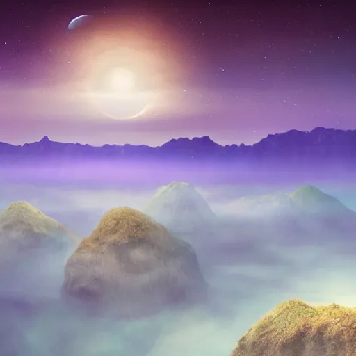 Prompt: david attenborough nature documentry footage ultra high definition 8 k misty ethereal floating islands in the sky at night full moonlit sky amethyst citrine opal crystal towers pastel tones fantasy concept art