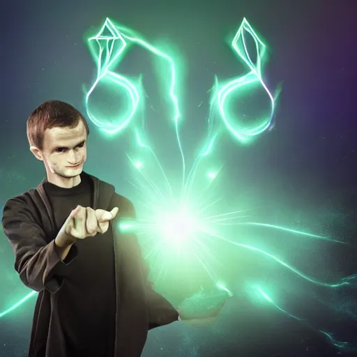 Image similar to Vitalik Buterin as a handsome arcane wizard casting a spell, ethereum logo can be seen in the magic - Photo manipulated by DALLE