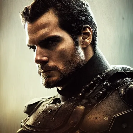 Image similar to henry cavill portrait, dystopia core, apocalyptic, armor, warrior, dramatic, sharp focus, fiction, neon, fantasy, hyper detailed, digital art, trending in artstation, cinematic lighting, studio quality, smooth render, unreal engine 5 rendered, octane rendered, art style and nixeu and wlop and krenz cushart