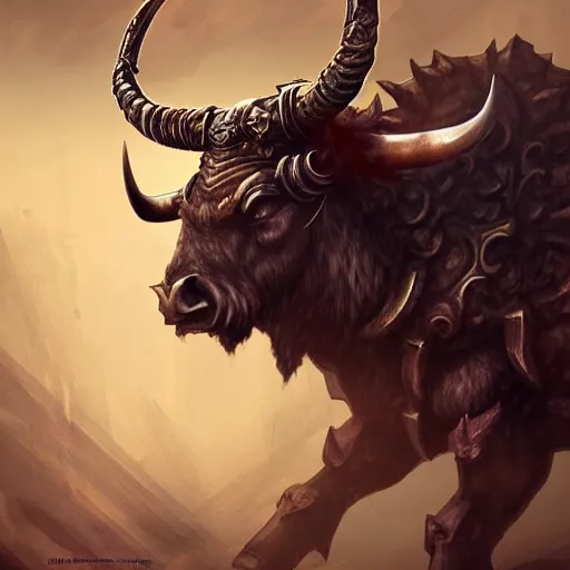 Image similar to epic bull headed minotaur beast in heavy ornate armor wielding giant axe, artwork, concept art, greek mythology, modern design, dark fantasy, digital painting, artstation, d&d