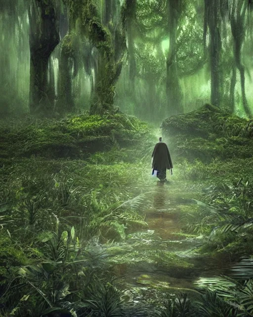 Image similar to a wise wizard walking towards an ominous swamp in a densely overgrown, eerie jungle, fantasy, stopped in time, dreamlike light incidence, ultra realistic