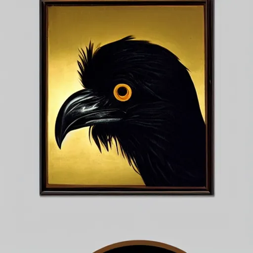 Prompt: A raven with golden glowing eyes by Caravaggio