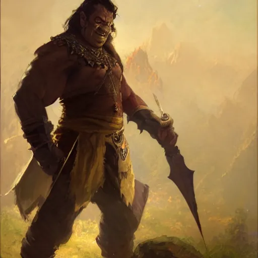 Prompt: a friendly half - orc tailor, fantasy character portrait by greg rutkowski, gaston bussiere, craig mullins