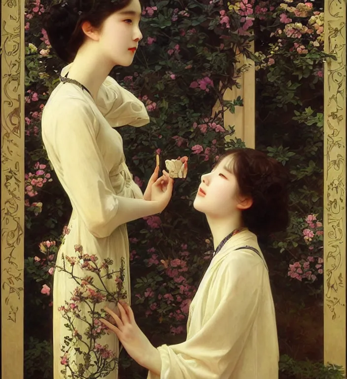 Image similar to IU, Korean Idol, Korean Artist, very detailed, digital art, concept art, studio quality, ethereal, art style by Edmund Bliar Leighton and J. C. Leyendecker and Alphonse Mucha