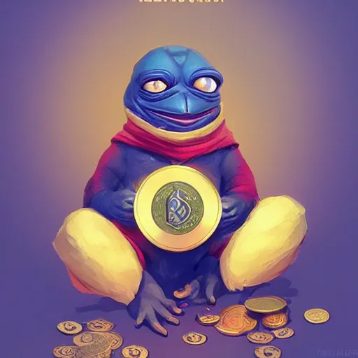 Image similar to super rich happy pepe, luxury, treasury, coins, money, hyper detalied, blue crystals, greg rutkowski, artstation