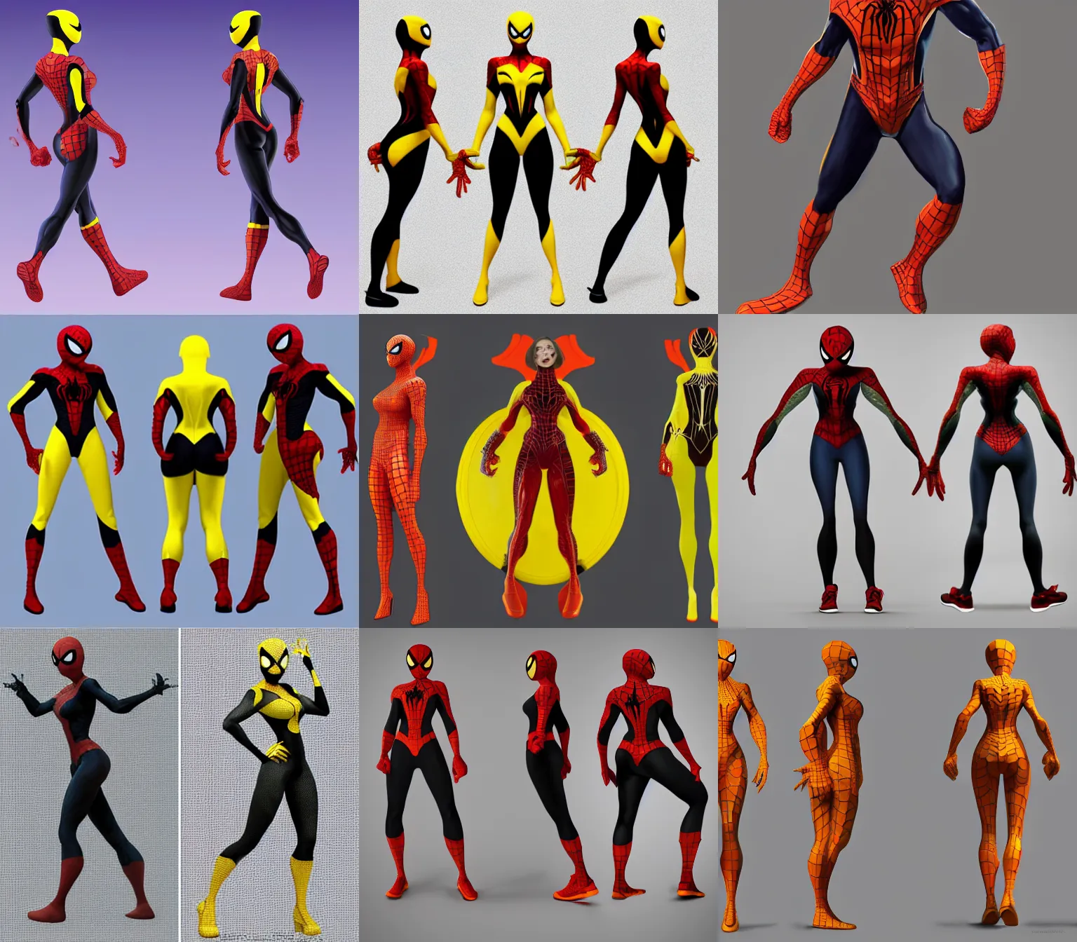 Prompt: full body character turnaround of a woman in an orb weaver inspired costume, character sheet, matte painting, spiderman!!, spiderwoman!!!!!, john singer sargent, good value control, highly detailed portrait, character turnaround, digital painting, concept art, running shoes, sharp focus, smooth, 3 d model, illustration, yellow and black color scheme