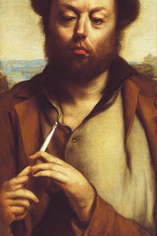 Image similar to Portrait of Christopher Hitchens smoking a cigarette by Raphael