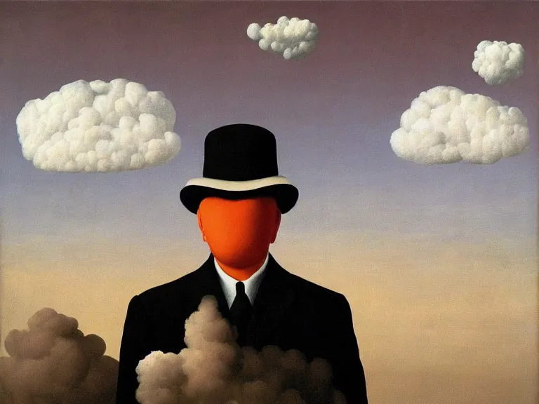 Image similar to man hidden behind cloud, painting by rene magritte, high detail, high resolution