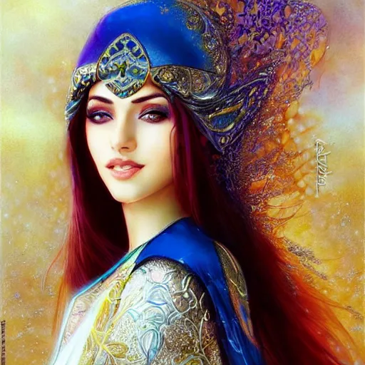 Image similar to a beautiful arabian woman wearing a white kaftan by karol bak, ayami kojima, artgerm, arabian beauty, blue eyes, smile, concept art, fantasy