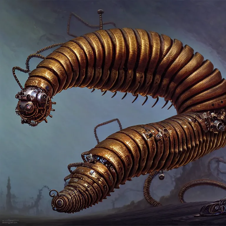 Image similar to steampunk robot millipede, unreal engine realistic render, 8 k, micro detail, intricate, elegant, highly detailed, centered, digital painting, artstation, smooth, sharp focus, illustration, artgerm, tomasz alen kopera, peter mohrbacher, donato giancola, joseph christian leyendecker, wlop, boris vallejo