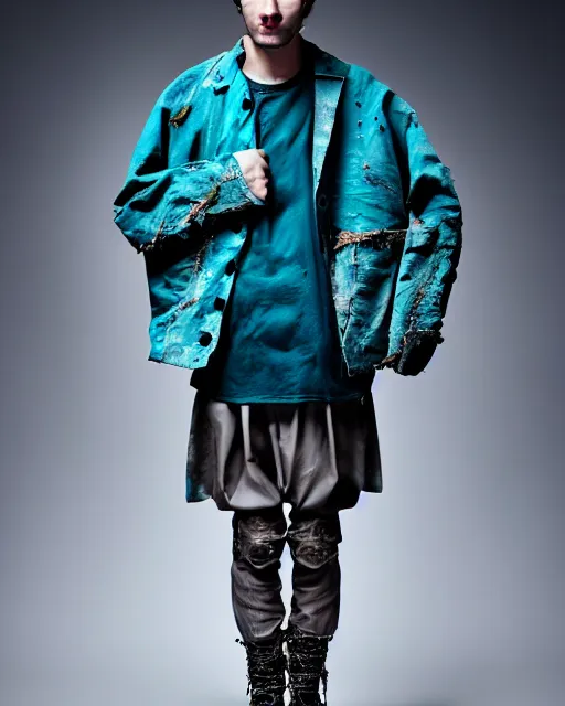 Image similar to an award - winning photo of a male model wearing a baggy teal distressed medieval menswear moto jacket by issey miyake, 4 k, studio lighting, wide angle lens