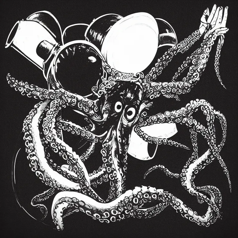 Image similar to a beautiful vinyl cover by bruce holwerda of an octopus playing drums and telecaster guitar in an electronic concert, dark background, concert light, dark mood, cold lighting