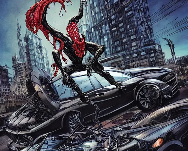 Image similar to Venom standing on top of a wrecked car in the city, open arms art by Clayton Crain and Gerardo Sandoval