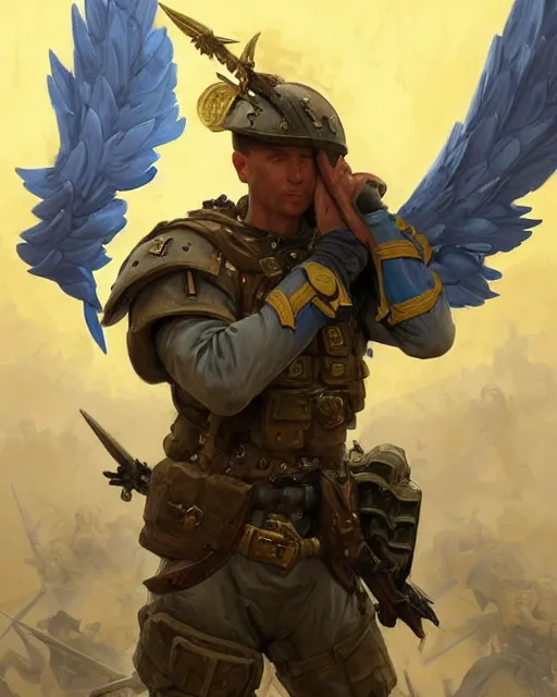 Image similar to A military soldier with angel wings with a blue and yellow flag behind him is standing on a pile of skulls in triumph after the battle, D&D, fantasy, intricate, elegant, highly detailed, digital painting, artstation, concept art, matte, sharp focus, illustration, hearthstone, art by Artgerm and Greg Rutkowski and Alphonse Mucha