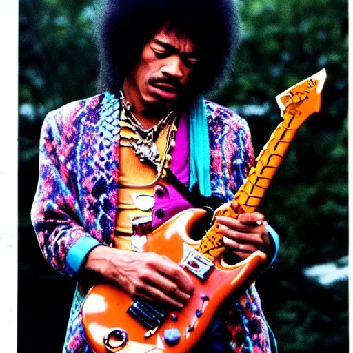 Prompt: jimi hendrix playing a snake, color photo, cinematic