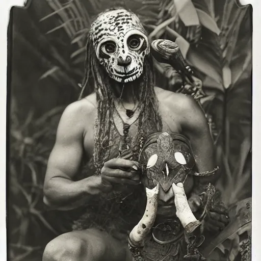 Prompt: a black and white old wet - plate photograph of a tribal elder with a bone in his nose and a scary mask and a pet dragon sitting on his shoulder in the jungle of congo during colonial times, holding a modern digital slr camera in his hand and taking a photo