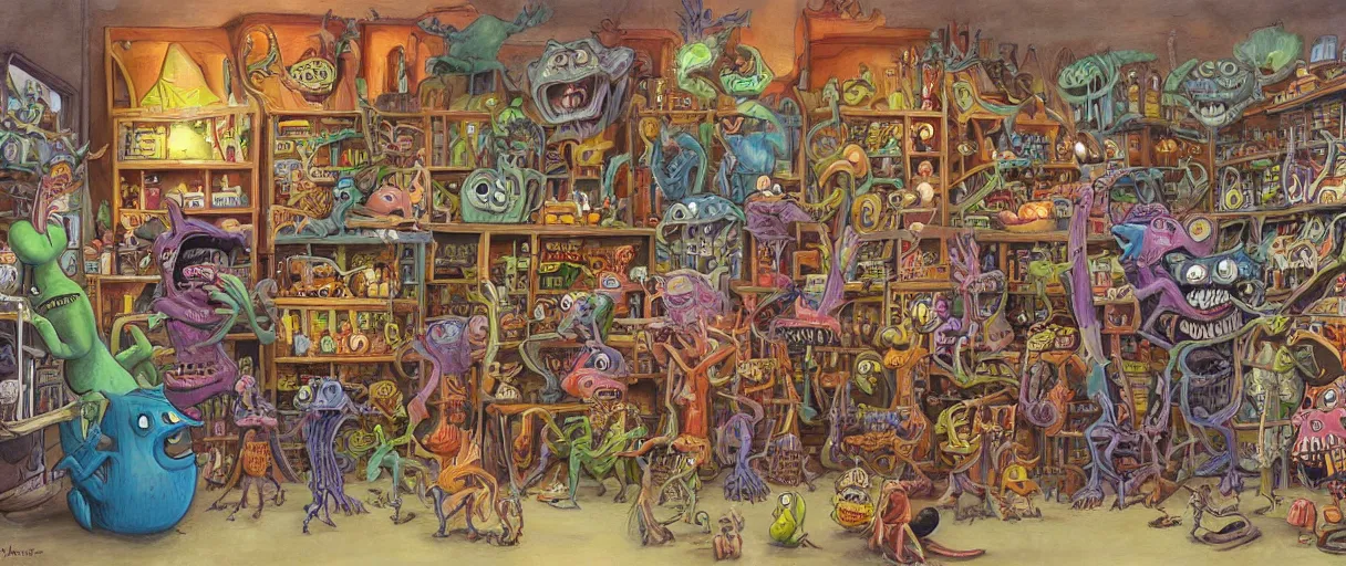 Prompt: an aaahh!!! Real monsters shop by James Gurney