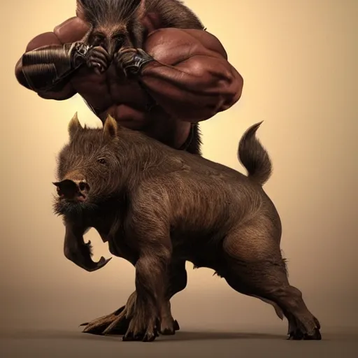 Image similar to boar - man hybrid, body builder body, furry body, hyper detailed, digital art, trending in artstation, cinematic lighting, studio quality, smooth render, unreal engine 5 rendered, octane rendered, art style by klimt and nixeu and ian sprigger and wlop and krenz cushart