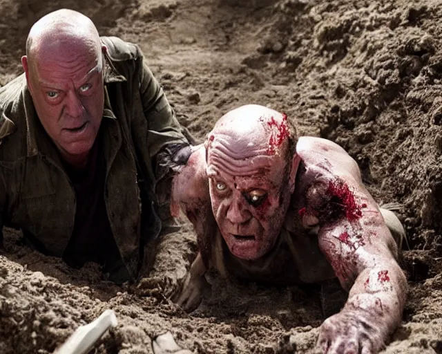 Image similar to zombie dean norris emerging from a grave, movie still, close up