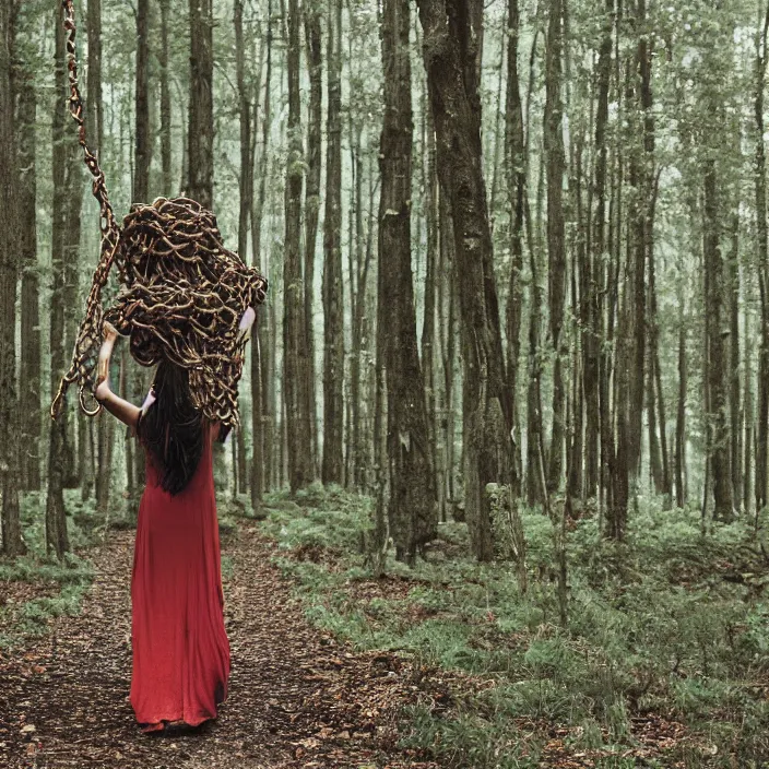 Image similar to a woman carrying chains, in a forest, by Charlotte Grimm, CANON Eos C300, ƒ1.8, 35mm, 8K, medium-format print