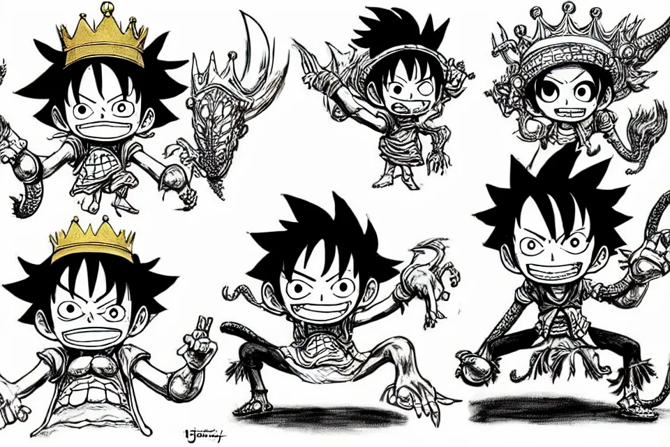 Image similar to concept sketches of luffy wearing a gold crown riding a large dragon by jamie hewlett, in the style of megaman, micro detail