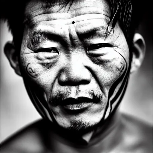 grizzled young chinese man with tribal face tattoos, Stable Diffusion