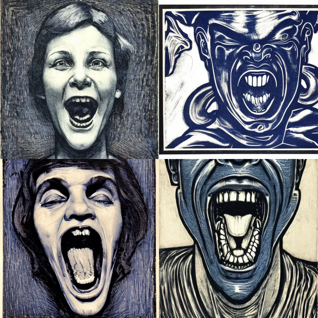 Prompt: portrait, realism, woodcut, art nouveau ( 1 9 2 2 ), screaming, pyrrol scarlet, titanium white, phthalo blue, stathmore 4 0 0, 3 5 mm, f 3 2, grisaille, luminous