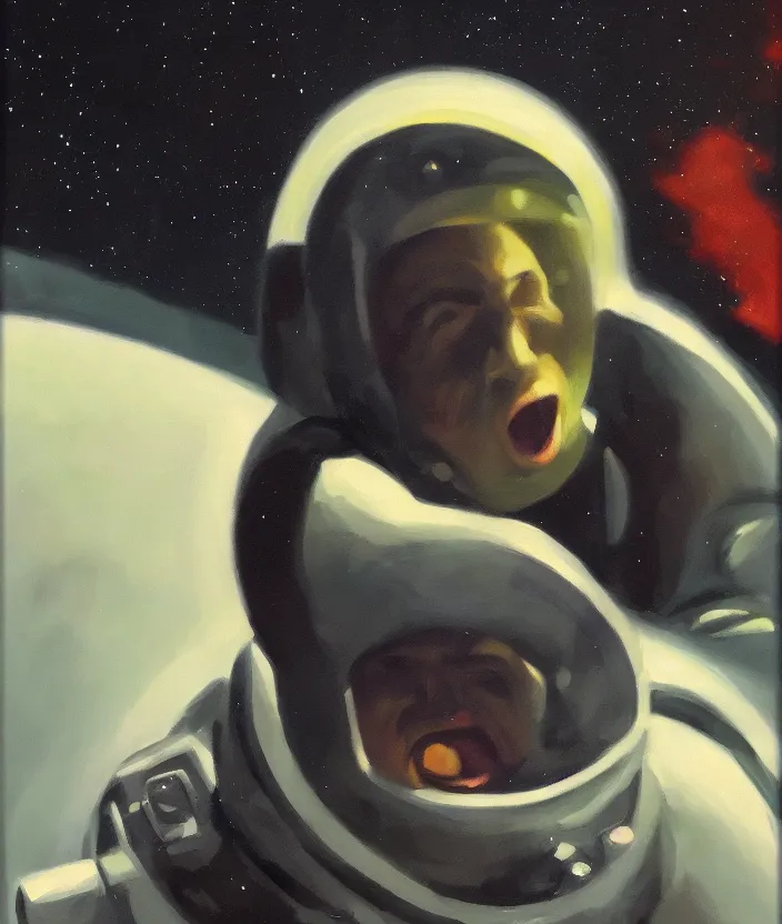 Image similar to a portrait oil painting of a screaming astronaut, dramatic and cinematic light, the background is a black sky with stars, in the style of thomas croft and edward hopper, 4 k,