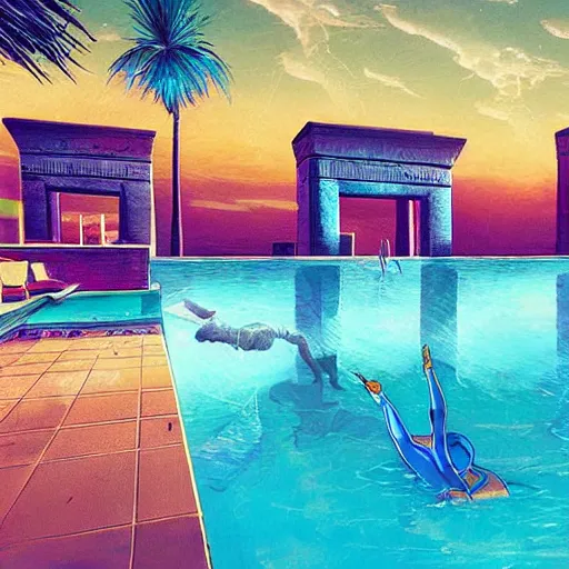 Image similar to a pool and ancient egyptian structure, epic retrowave art, trending on art station