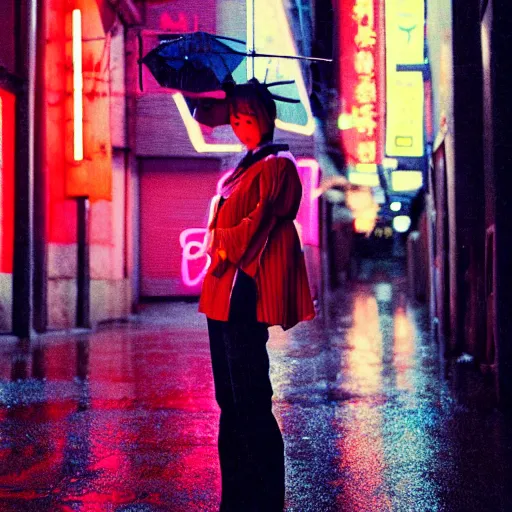 Image similar to 1990s perfect 8K HD professional cinematic photo of close-up japanese schoolgirl posing in alleyway with neon signs, at evening during rain, at instagram, Behance, Adobe Lightroom, with instagram filters, depth of field, taken with polaroid kodak portra
