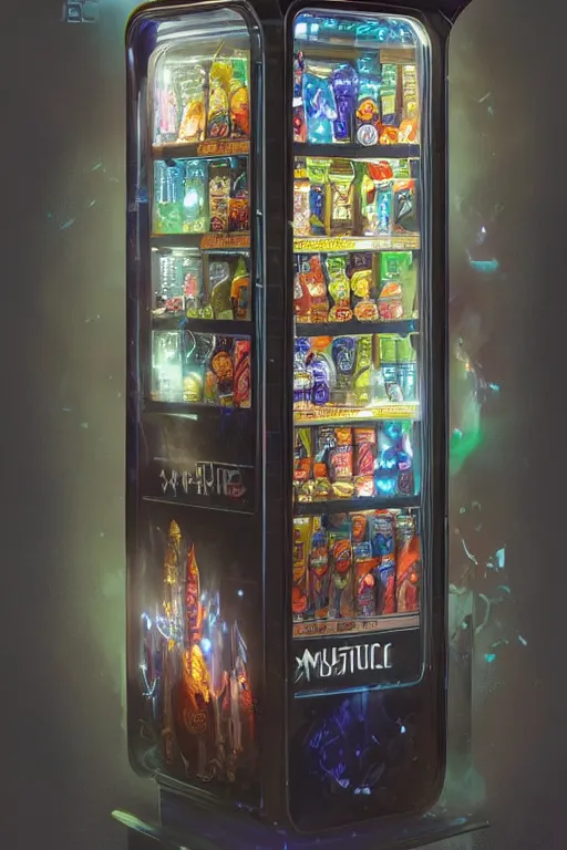 Image similar to futuristic vending machine with magic potions inside, highly detailed, 8k, rim lighting, digital painting, artstation , concept art, sharp focus, illustration, art by greg rutkowski and alphonse mucha