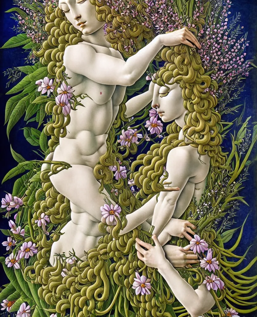 Prompt: the deity of Spring, made entirely out of flora and fauna, in a style combining Botticelli, Möbius and Æon Flux, surrealism, stunningly detailed artwork, hyper photorealistic 4K, vivid and perfect colors, very fine inking lines