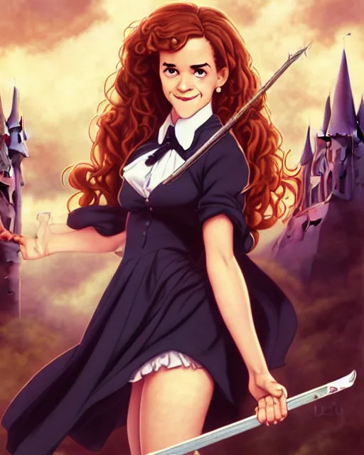 Image similar to pinup photo of hermione granger by emma watson in the crowded square of hogwarts, asuna by a - 1 pictures, by peter mohrbacher, gil elvgren, enoch bolles, glossy skin, pearlescent, anime, very coherent, sao style anime, flat