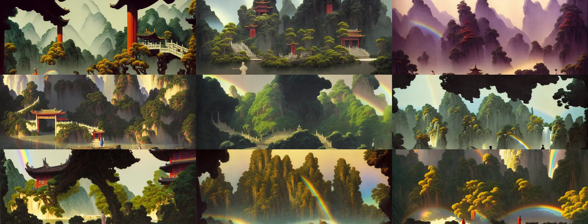 Prompt: a gorgeous landscape painting by barlowe wayne, maxfield parrish and marco mazzoni. chinese temple. just one rainbow, rainy mood!! sunny morning. a lonely chinese wuxia walks on the winding stone steps, stone gate to the dark cave, 3 d, octane render, turbulent lake, waterfall, fog, 8 k.