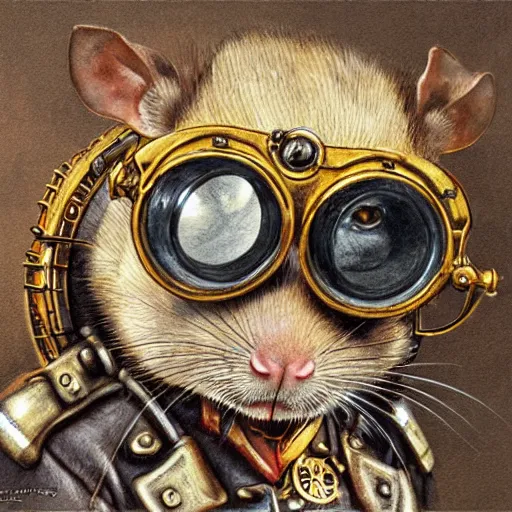 Image similar to a rat with steampunk googles, by James Gurney