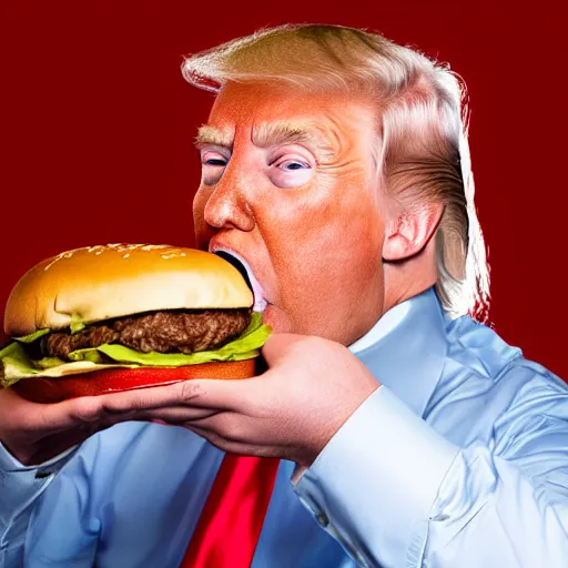 Image similar to photo still of donald trump! licking! a burger with his! tongue! out, mmmmm, studio portrait photo, studio lighting, rim light, key light, food photography, 3 5 mm f 1. 8